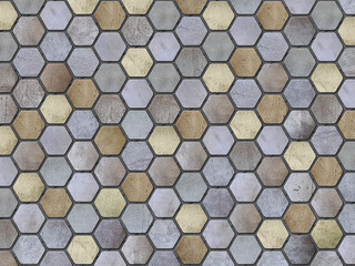 steel metal plate background, small multicolored hexagons, 3D illustration