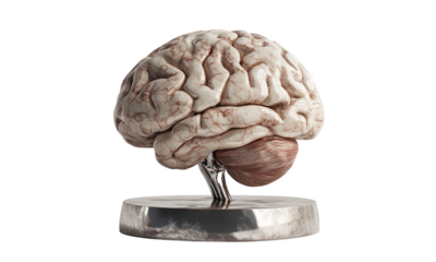 A human brain displayed on metallic base. human anatomy of brain. in 3d style. illustration isolated on transparent background.