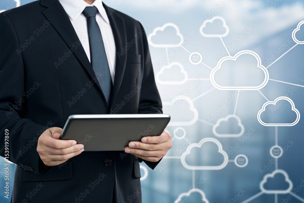 Poster businessman using tablet with cloud computing network background