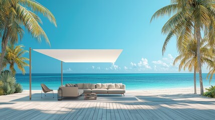 Beachfront patio with modern furniture and a large awning.