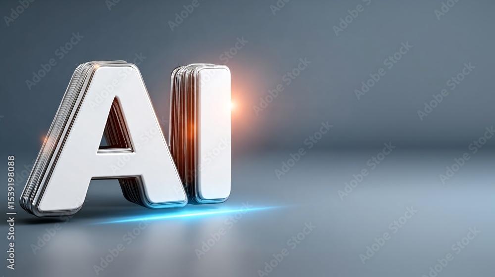 Poster 3d render of artificial intelligence letters with metallic chrome, representing futuristic machine l