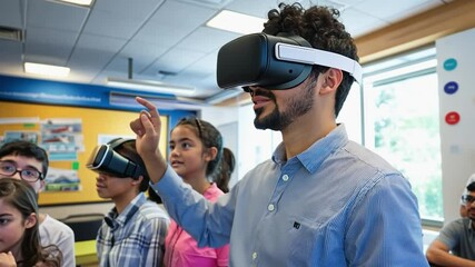 Teacher using virtual reality headset in classroom with students - Powered by Adobe