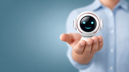 Man holding a small humanoid robot with a smiling face in his hand. Artificial intelligence assistant for customer service.