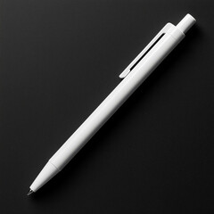 Top-down shot of sleek white pen with clip and metal tip on solid black background, high contrast lighting creates elegant, minimalist, and professional stationery aesthetic.