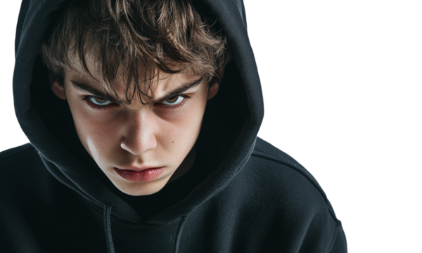 Angry teen boy in a black hoodie isolated on transparent background. upper body only.
