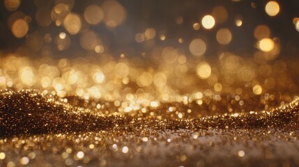 Soft glowing bokeh light texture with golden particles for elegant holiday visuals. Ideal for use in gift wraps, greeting cards, digital ads, or website backgrounds for Christmas and New Year.
