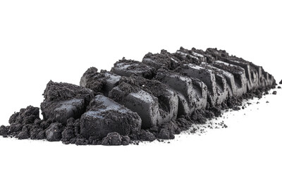 Cut out black soil with truck or other heavy vehicle tracks. isolated on transparent background.