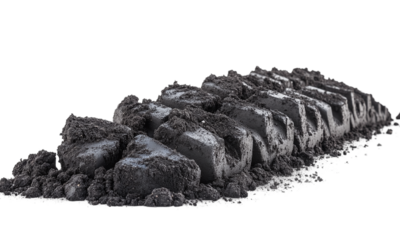 Cut out black soil with truck or other heavy vehicle tracks. isolated on transparent background.
