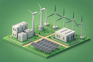 Wind turbines, solar panels, and houses form a green energy park, suitable for themes of renewable energy, sustainable living, or eco - friendly communities.