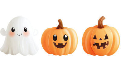 Cute ghost and halloween pumpkin trio in cartoon style for halloween decoration isolated on transparent background.