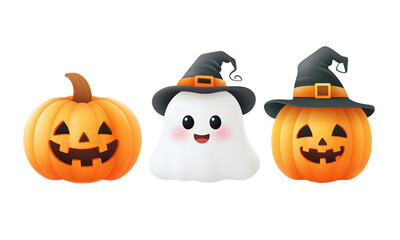Cute ghost and halloween pumpkin trio in cartoon style for halloween decoration isolated on transparent background.