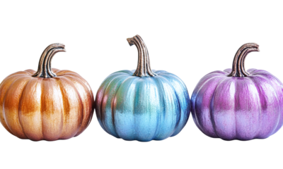 Exotic colorful iridescent halloween pumpkin collection isolated on transparent background. elements for halloween decoration.