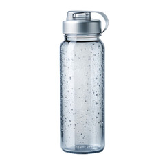Reusable glass water bottle with condensation on transparent background
