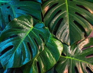 Fototapeta premium Close up Of Dark Green And Teal Plant Leaves With Sparkle And Water Droplets