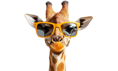 Illustration of a funny giraffe wearing sunglasses isolated on transparent background. copy space. trendy design. pop art.
