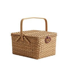 Woven picnic basket with lid and handle on white background  