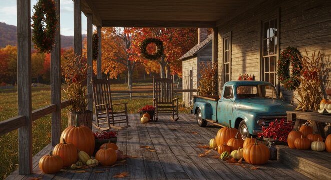 Rustic autumn porch with vintage truck and pumpkins