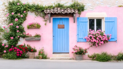 Charming pink house with blue shutters and blooming flowers, colorful French-style exterior, romantic countryside home, rustic details, flower filled facade

