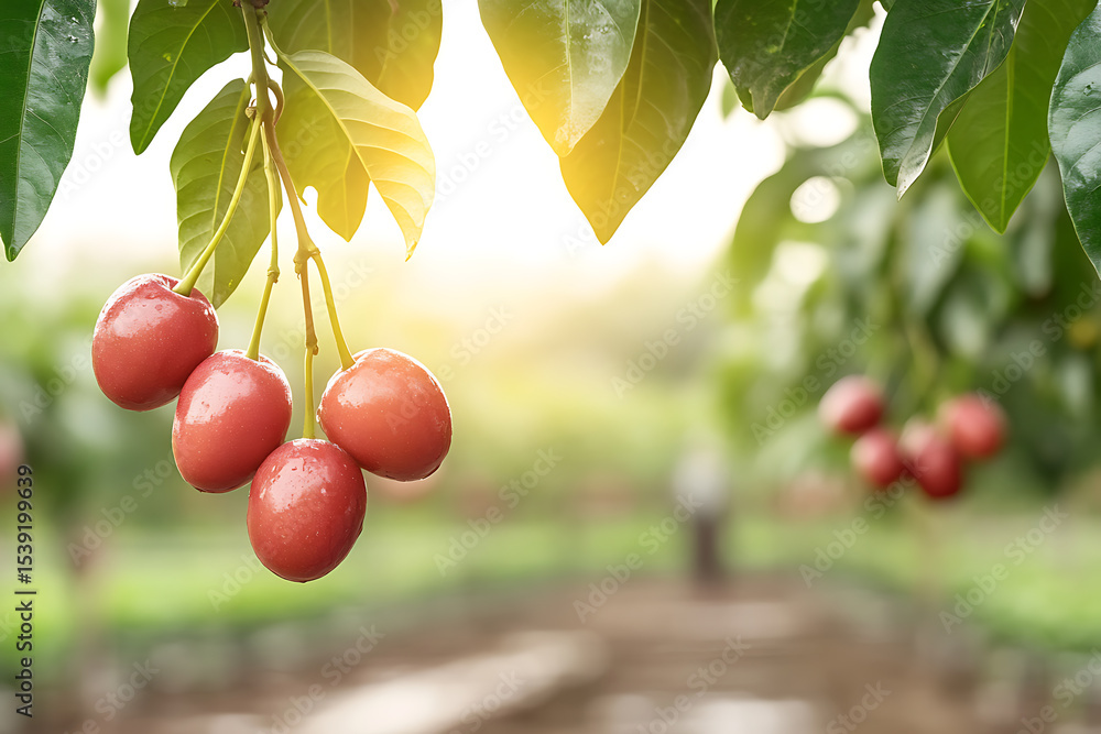 Poster clusters of red fruit hang from a tree branch, illuminated by sunlight. lush greenery and a blurred 
