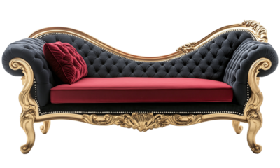 Luxury rococo chaise with black and red upholstery isolated on transparent background. regal red cushioned chaise lounge with gold frame.