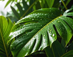 Obraz premium Closeup Of A Lush Green Tropical Leaf With Water Droplets