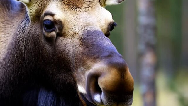Majestic moose turning head in serene forest environment