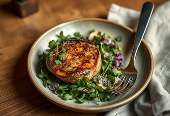 Texture of seared mushroom steak with fresh greens and edible flowers