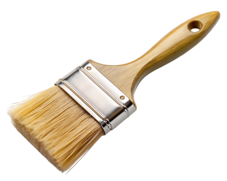 Paint brush with wooden handle on transparent background