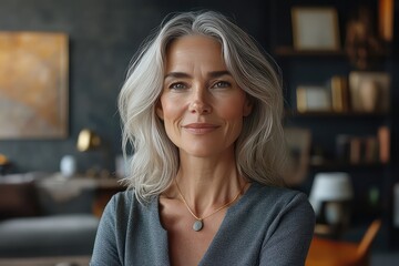 Elegant woman with a kind smile, looking assured and capable in her office