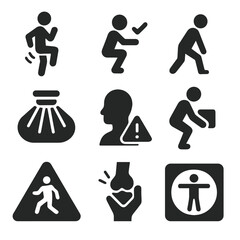 Safety Icons Collection. Solid style icons of injury prevention and safety: warm-up icon, proper form symbol, stretching before