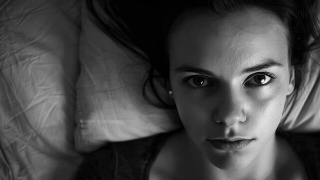 A young woman sleeping on a bed. Eyes closed in peace.