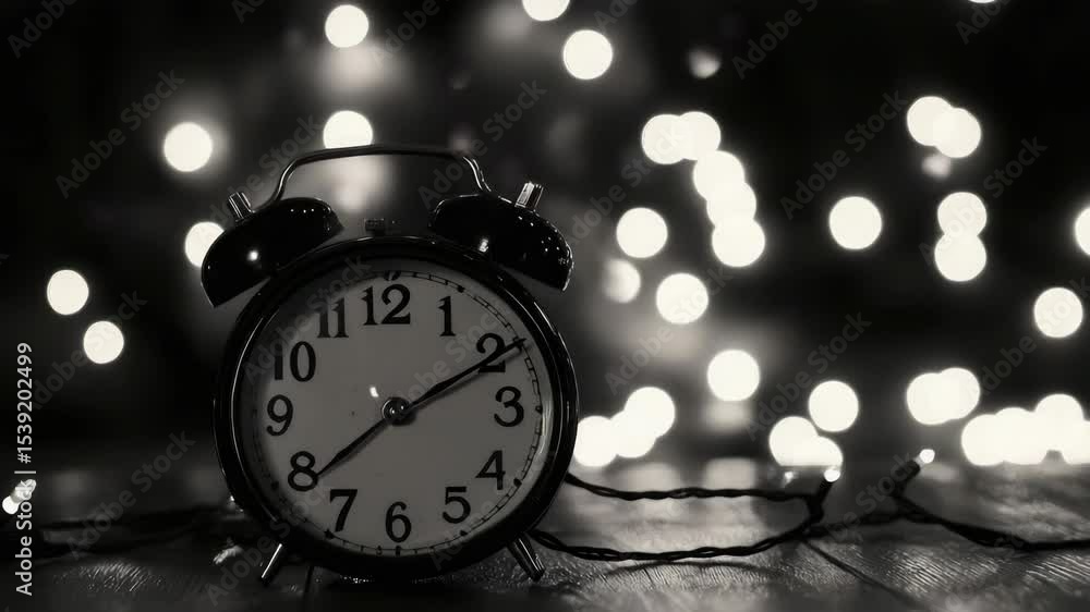 Poster a black and white of a clock with the hands at 3:00. the has a moody, dark atmosphere, with the cloc