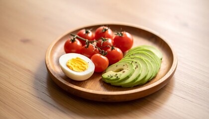 Avocado, boiled eggs and dripping tomatoes on a plate