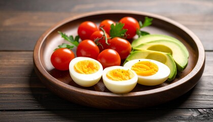 Avocado, boiled eggs and dripping tomatoes on a plate