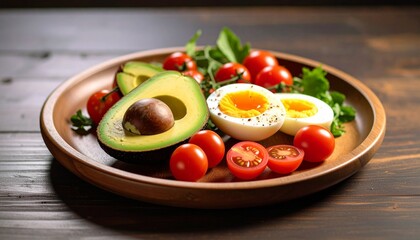 Avocado, boiled eggs and dripping tomatoes on a plate