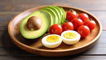 Avocado, boiled eggs and dripping tomatoes on a plate