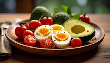 Avocado, boiled eggs and dripping tomatoes on a plate