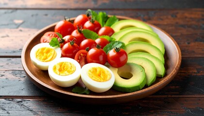 Avocado, boiled eggs and dripping tomatoes on a plate