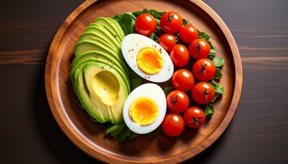 Avocado, boiled eggs and dripping tomatoes on a plate
