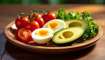 Avocado, boiled eggs and dripping tomatoes on a plate
