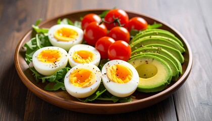Avocado, boiled eggs and dripping tomatoes on a plate