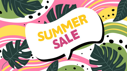 Summer sale background with tropical leaves, beautiful wavy lines and spots. Color banner for advertising.