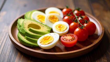 Avocado, boiled eggs and dripping tomatoes on a plate