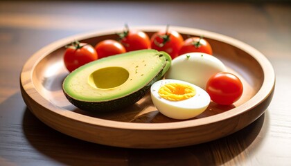 Avocado, boiled eggs and dripping tomatoes on a plate