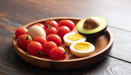 Avocado, boiled eggs and dripping tomatoes on a plate