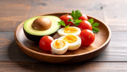 Avocado, boiled eggs and dripping tomatoes on a plate