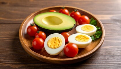 Avocado, boiled eggs and dripping tomatoes on a plate