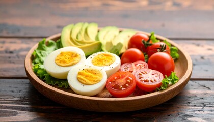 Avocado, boiled eggs and dripping tomatoes on a plate