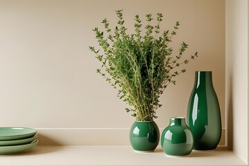 Sustainable kitchen interior, linen cloth, glass jars with spices, fresh herbs, green touches, natural textures