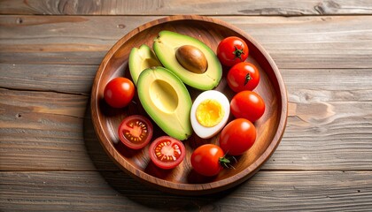 Avocado, boiled eggs and dripping tomatoes on a plate